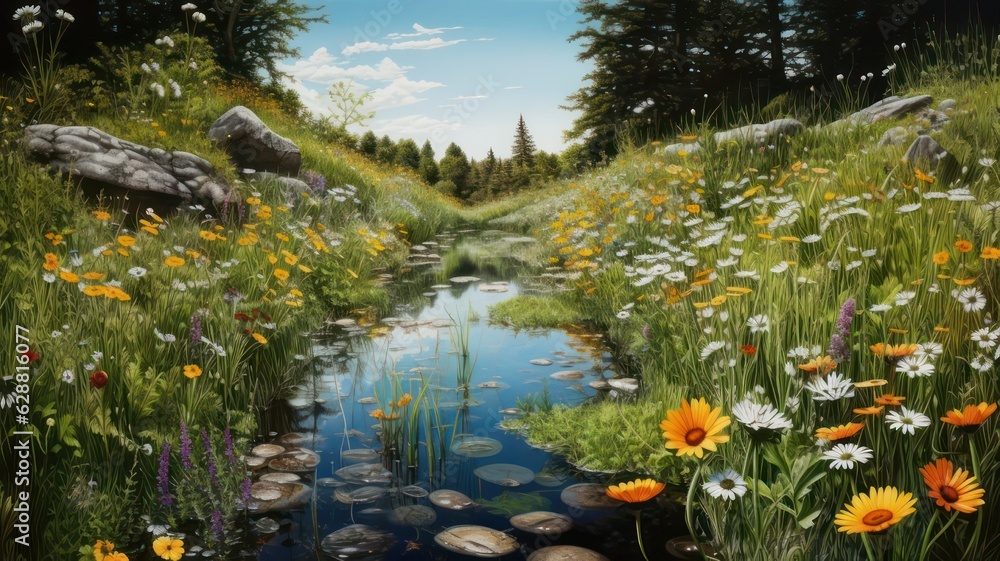 Poster meadow with flowers, a creek and trees created with generative ai