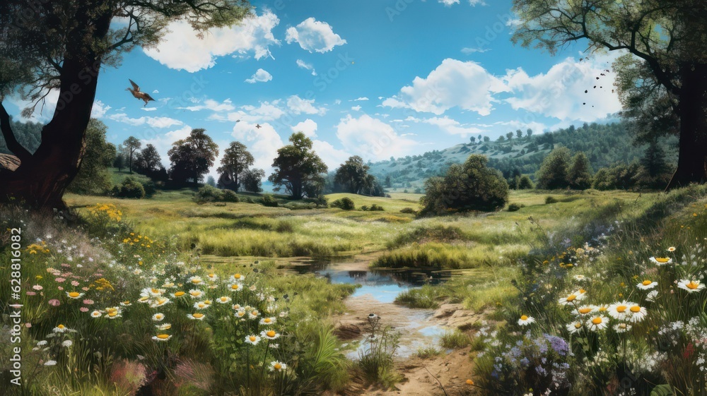 Poster meadow with flowers, a creek and trees created with generative ai