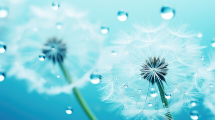 Close-up background of aqua green Dandelion flower seeds and raindrops. Generative ai