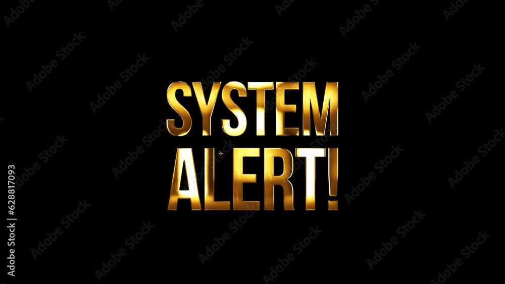 Poster loop animation of system alert with alert icon cinematic trailer title golden glittering text glitch
