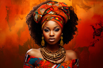 African beautiful woman  on the background of Africa. African houses. Culture and traditions of Africa. AI Generated.