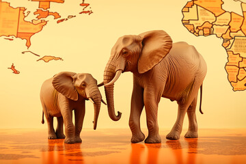 Fototapeta na wymiar elephant on the background of the world map. Art image. AI Generated