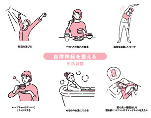 自律神経を整える生活習慣の女性のセット
