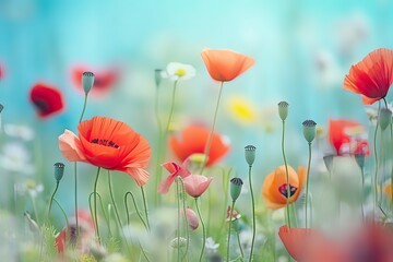 Beautiful colorful flower meadow with multi-colored poppi