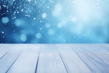 Beautiful winter snowy blurred defocused blue background with wooden floor