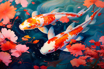 Japanese Koi Carps in the water, cherry blossoms. Japanese fish in the lake. Art image. AI Generated