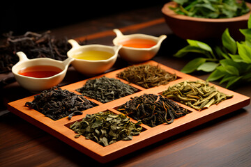 Types and varieties of loose leaf tea and on a wooden table. Tea culture and tradition. AI generated