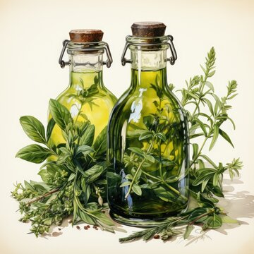 Clipart Herb Infused Olive Oil Bottles with Sprigs of Fresh Herbs Inside