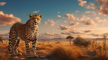 Savannah with cheetah created with Generative AI - obrazy, fototapety, plakaty