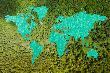 A lake in the shape of the world's continents in the middle of untouched nature. A metaphor for ecological travel, conservation, climate change, global warming and the fragility of nature.3d rendering