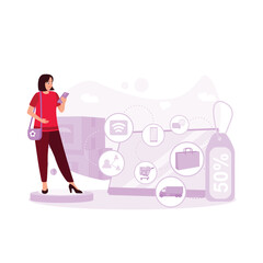 Young girl standing holding a mobile phone, open marketplace website. Online shopping technology concept. Trend Modern vector flat illustration