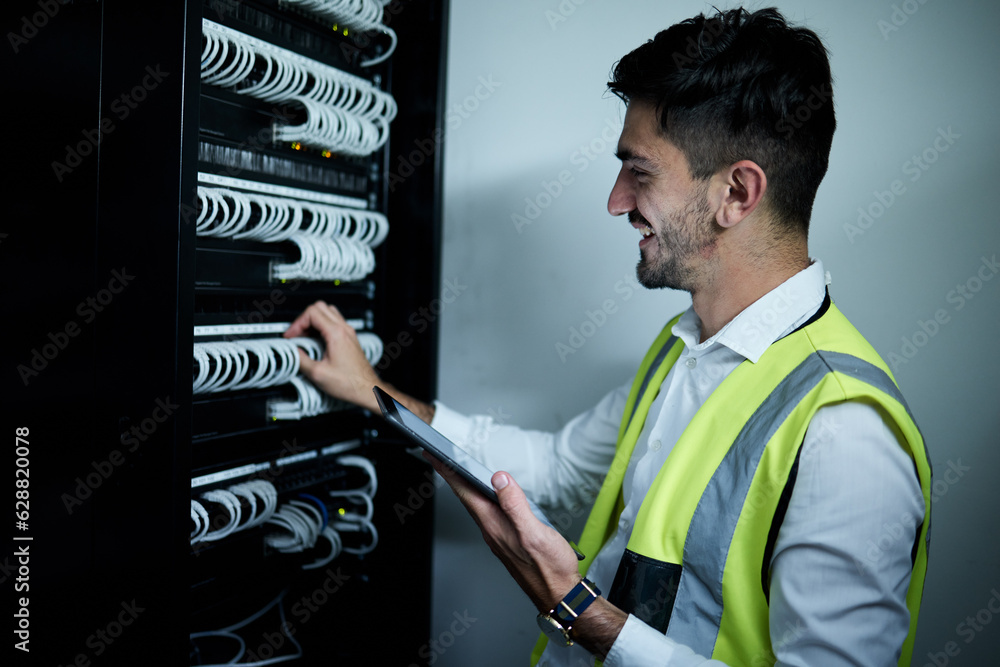 Poster technician, check server cables and tablet with system, happy or maintenance on web app in night. it