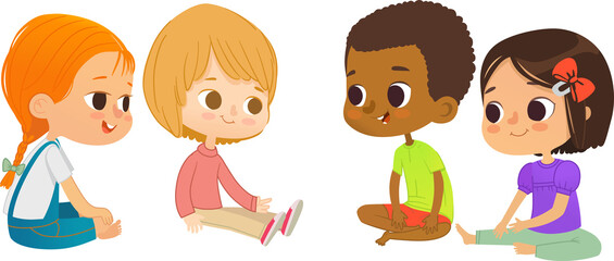 Smiling multicultural kids sit on floor in circle, play and talk. Children's entertainment, preschool and kindergarten activity concept. Vector illustration for website, banner, poster. - 628820033