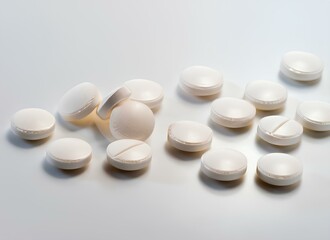 Pills Scattered on Table with Pill Jar, White, Brown, Globulli, big, large and Small