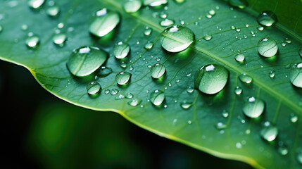 Big raindrops close up on green leaves, nature background. Generative ai