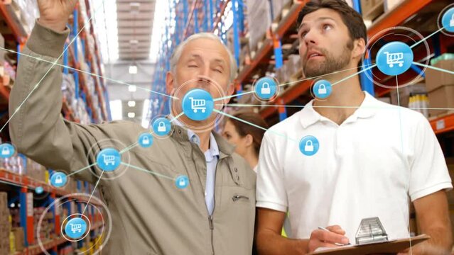 Animation of network of connections over caucasian men working in warehouse
