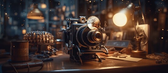 A still life of a handmade vintage film projector on a table, illuminated by a lamp. Old style celluloid film projection and nostalgia.