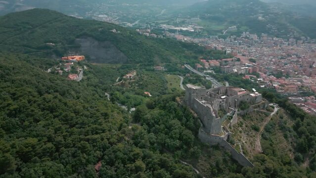 aerial view from the drone of the Gulf of Salerno with its commercial port, the crystal clear sea, the castle of Arechi, Piazza of Libert&agrave;