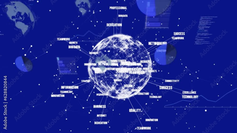 Poster animation of data processing and network of connections over globe