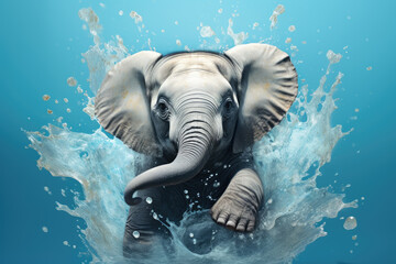 Big gray elephant stepping in the middle of splashing water against light blue background, splash concept. Generative ai