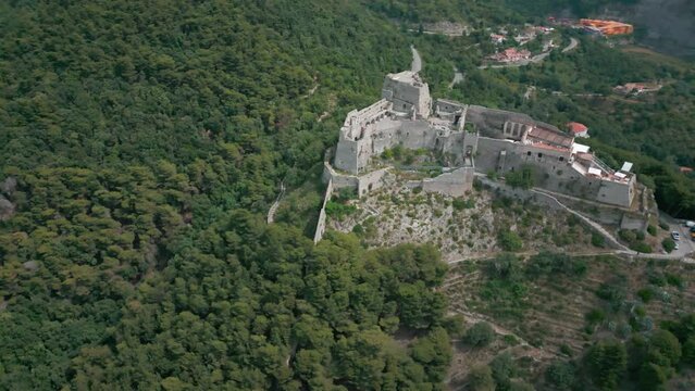 aerial view from the drone of the Gulf of Salerno with its commercial port, the crystal clear sea, the castle of Arechi, Piazza of Libert&agrave;