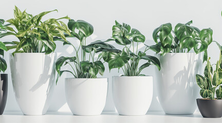 Obraz premium Plants in their pristine white pots stand out gracefully against the clean, white floor, creating a harmonious and minimalist aesthetic.