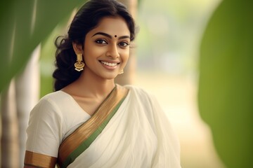 A smiling female of Indian ethnicity wearing traditional Kerala style sari and jewellery. Generative AI