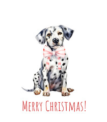 Watercolor Christmas dalmatian dog. Xmas cute dog in hat, tie and bow. Merry Christmas dalmatian. AI generated.