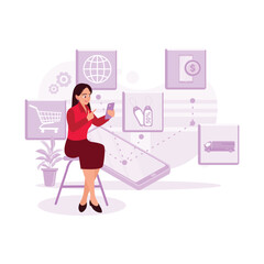 Female employee sitting and holding a cell phone, accessing an online retail business omni channel. Trend Modern vector flat illustration