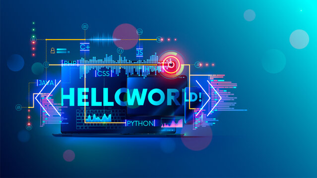 Online learning programming or coding on different computer languages for mobile, desktop platform. web banner of training course and tutorial of software development lessons on laptop, tablet, phone.