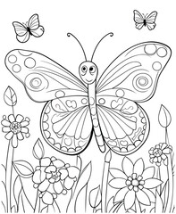 butterfly with flowers coloring page line art for kids