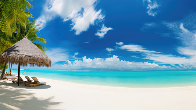 Beautiful summer beach background with white sand turquoise sea and umbrella. Generative ai