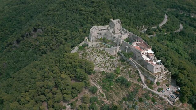 aerial view from the drone of the Gulf of Salerno with its commercial port, the crystal clear sea, the castle of Arechi, Piazza of Libert&agrave;