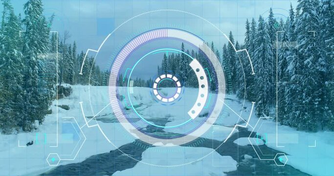 Animation of financial data processing over winter landscape with river