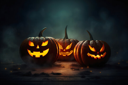 Three funny and scary lit Halloween pumpkins in darkness and smoke. 