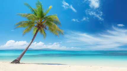 Beautiful palm tree on tropical island beach on sky background. Generative ai