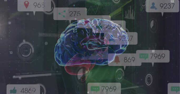 Animation of social media icons over spinning human brain icon against computer server room