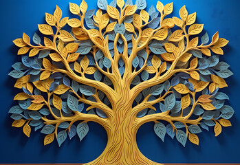 Сarved tree, with blue and yellow leaves on the wall, in the style of cartoon abstraction, 3d, decorative backgrounds. Ai Generative