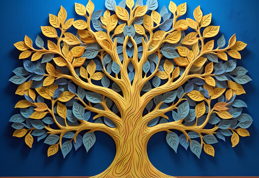 Сarved tree, with blue and yellow leaves on the wall, in the style of cartoon abstraction, 3d, decorative backgrounds. Ai Generative