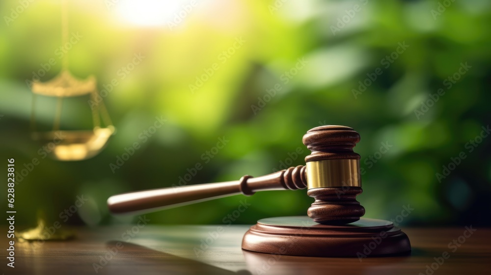 Poster a gavel on a table top with green environment in blur background. beautiful generative ai aig32