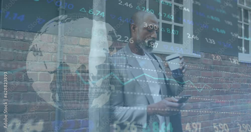 Poster animation of data processing over african american man using smartphone and drinking coffee