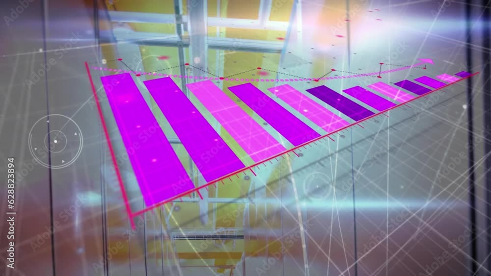 Poster animation of statistical data processing and network of connections against computer server room