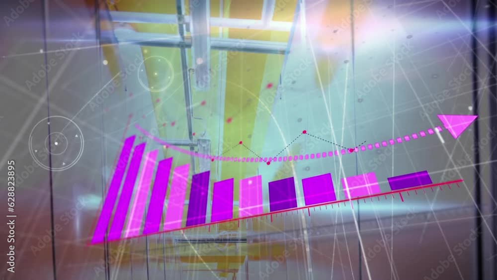 Poster animation of statistical data processing and network of connections against computer server room