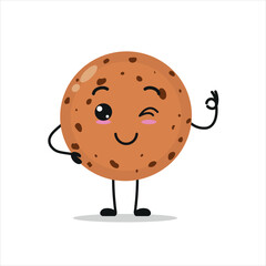 Cute happy cookie character. Funny smiling and blink biscuit cartoon emoticon in flat style. bakery emoji vector illustration