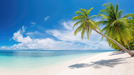 Beautiful beach background with white sand turquoise ocean blue sky. Generative ai