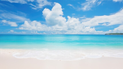 Beautiful beach background with ocean water and white cloudy sky. Generative ai