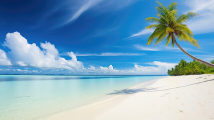 Fototapeta premium Beautiful beach background with white sand turquoise ocean blue sky and palm tree. Generative ai