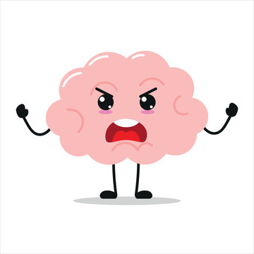 Cute angry brain character. Funny furious brain cartoon emoticon in flat style. encephalon emoji vector illustration