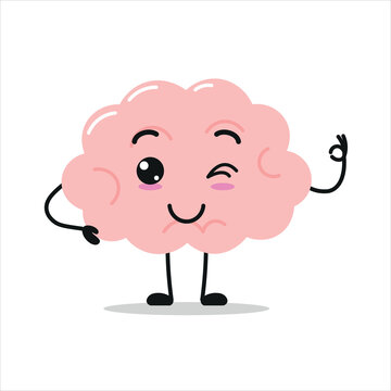 Cute happy brain character. Funny smiling and blink brain cartoon emoticon in flat style. encephalon emoji vector illustration