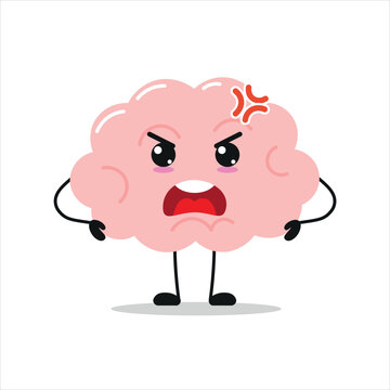 Cute angry brain character. Funny mad brain cartoon emoticon in flat style. encephalon emoji vector illustration